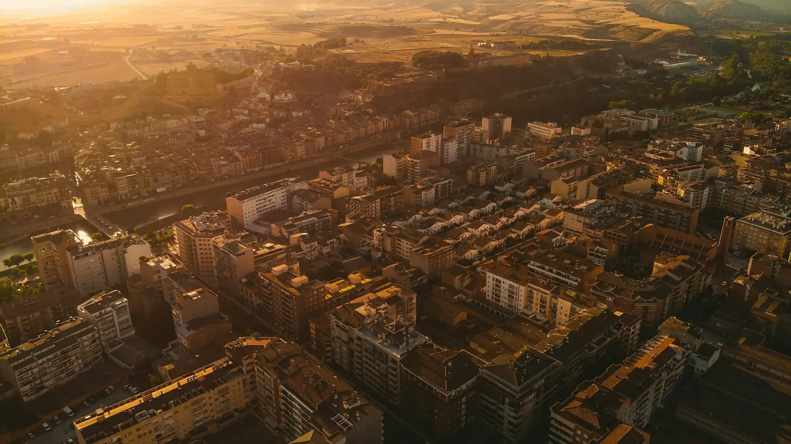 Aerial view of Balaguer, Lleida, at sunset